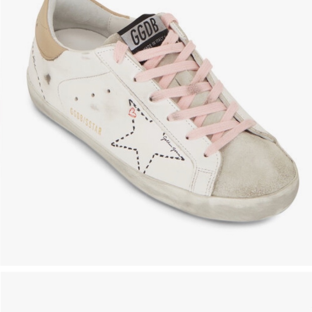 Golden Goose White Super-Stars with pink laces and beige heart